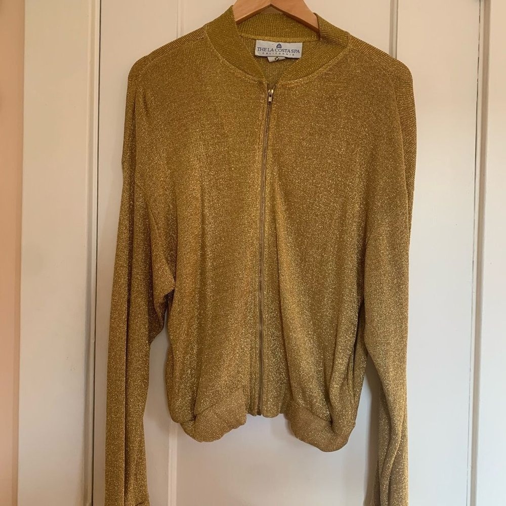 The La Costa Spa California Gold Lurex Zip Up Bomber Knit Sweater Small 5253-06
